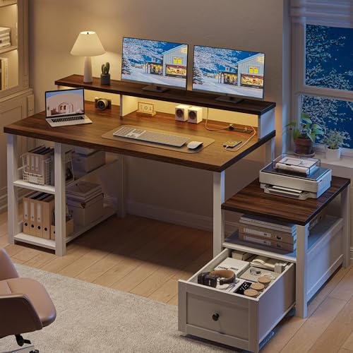 EnHomee 60.4" Farmhouse Desk with Drawer & Printer Shelf for Home Office