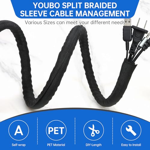 Split Braided Cable Sleeve，Flexible Wire Loom Tubing, Automotive Cord Protector Pet Proof, Cable Management for Computer TV Electric Wires Harness 16ft (Black, 5mm（3/16") - color: Black, size: 5mm（3/16")
