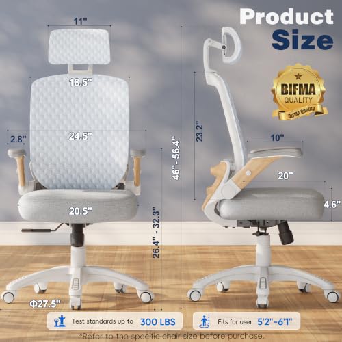 Ergonomic Office Chair, High Back Home Desk Chair with Flip-Up Arms, 3D Headrest, 90-120° Tilt and Wide Cushion Seat, Big and Tall Computer Chairs for Man Woman, Mesh Chair Black Woodgrain - color: Natural Wood