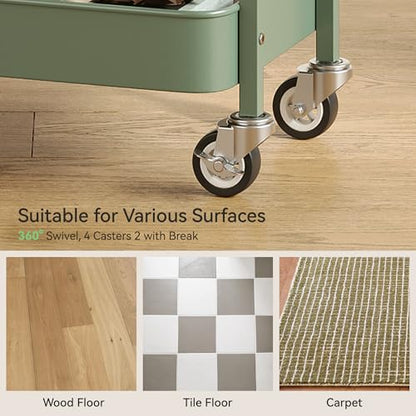Nunsino 3 Tier Rolling Cart,Utility Cart with Locking Wheels, Hanging Cups,&Hooks, Heavy Duty Metal Storage Organizer Cart for Kitchen,Office, Bathroom,Craft Room,Green - color: Green