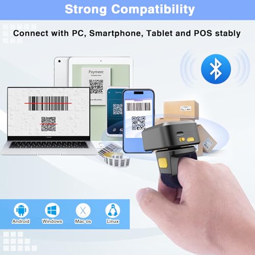 2D Bluetooth Barcode Scanner, Mini Wireless Wearable Finger Barcode Scanner 3-in-1 Bluetooth & USB Wired and 2.4G Wireless for Book, Warehouse Inventory, Express stocktaking - color: red
