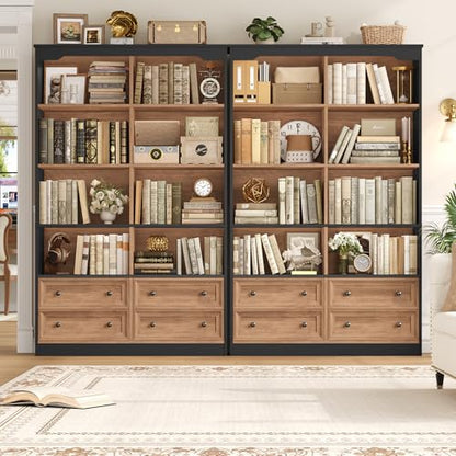 71" Tall Bookshelf with 4 Drawers Large Bookshelf Office Bookcase | 6-Tier Double Wide Bookshelves and Bookcases with Storage, Tall Bookshelf Standing Book Cabinet for Home Office, Brown/Black - color: Brown/Black