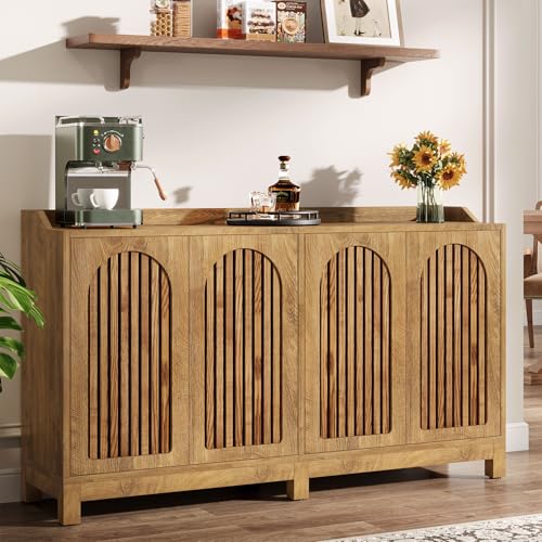 Tribesigns 57" Buffet Cabinet with Storage, Long Sideboard Cabinet with Doors & Adjustable Shelves, Wood Accent Sideboard for Dining Room, Living Room, Kitchen, Light Walnut Brown - color: Light Brown