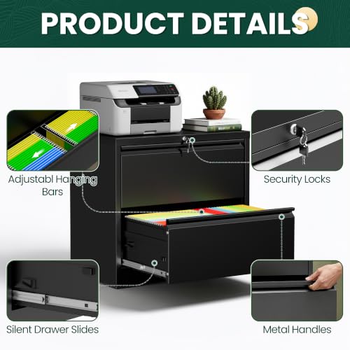 2 Drawer Lateral File Cabinet, Metal Filing Cabinet for Home Office, Black | Heavy-Duty Steel Locking File Cabinet, Hanging Letter/Legal/A4 Size, Full-Extension Drawer, Assembly Required - color: Black, size: 2 Drawers (35.43 in Width)