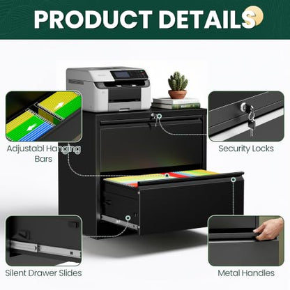 2 Drawer Lateral File Cabinet, Metal Filing Cabinet for Home Office, Black | Heavy-Duty Steel Locking File Cabinet, Hanging Letter/Legal/A4 Size, Full-Extension Drawer, Assembly Required - color: Black, size: 2 Drawers (35.43 in Width)