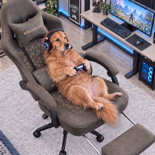 Desk Computer Gaming Chair - Ergonomic Game Office Chair with Extended Footrest and Massage Lumbar Support, Home Gamer Video Game Chairs with Spring Cushion for Adults (Pro Grey Leather) - color: Pro Grey Leather