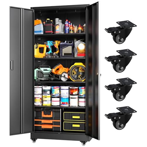 Greenvelly Metal Garage Storage Cabinet with 4 Swivel Wheels, 73" Black Storage Cabinet on Wheels, Rolling Tool Cabinet with Locking Doors and Shelves for Garage, Basement, Home, Warehouse - color: Black, size: 73 Inch