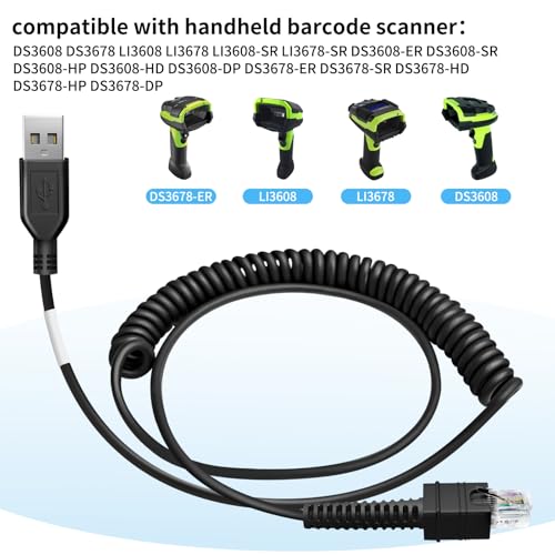 WUHAO 2-Pack 9.8FT Shielded USB Coiled Cable for Zebra Symbol DS3608 DS3678 LI3608 LI3678 Handheld Barcode Scanner CBA-3600-UNC3 RJ48 to USB-A