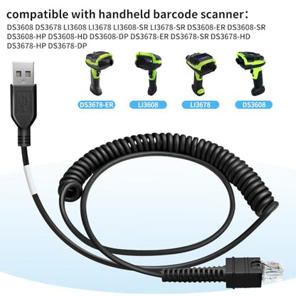 WUHAO 2-Pack 9.8FT Shielded USB Coiled Cable for Zebra Symbol DS3608 DS3678 LI3608 LI3678 Handheld Barcode Scanner CBA-3600-UNC3 RJ48 to USB-A
