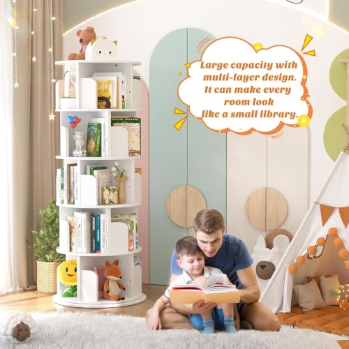 Aheaplus 5 Tier Wood Rotating Bookshelf, 360° Spinning Book Shelf Tower - color: White, size: 5-Tier