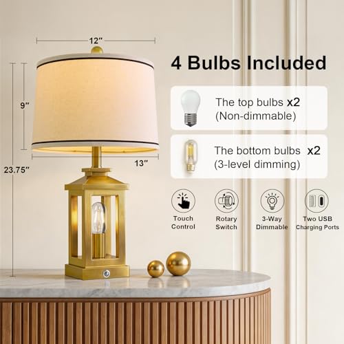 Modern Table Lamps Set of 2 for Living Room 23.75" Bedroom Nightstand Lamps | Touch Lamps with Three-level Dimming Nightlight, Bulbs Included, USB Charging Ports, Gold Modern Bedside Side Table Lamp - color: Metal Gold