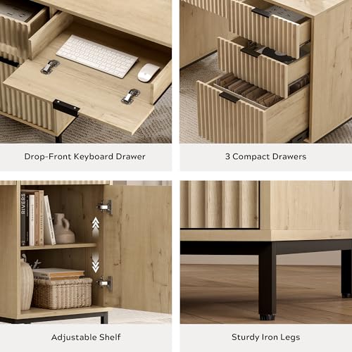 55" Fluted Executive Desk, Modern Home Office Desk with Charging Station, Keyboard Tray, File Drawer, Storage Cabinet for Work Study Writing Desk, Light Oak - color: Light Oak