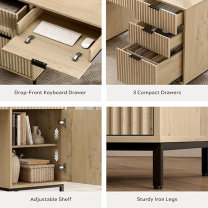55" Fluted Executive Desk, Modern Home Office Desk with Charging Station, Keyboard Tray, File Drawer, Storage Cabinet for Work Study Writing Desk, Light Oak - color: Light Oak