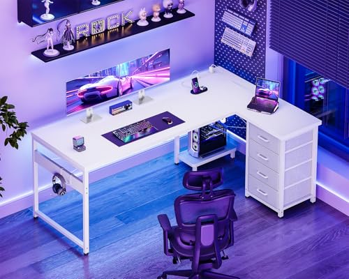 AODK 61" L Shaped Gaming Desk with 4 Drawers and Power Outlets, White - color: White, size: 61 Inch