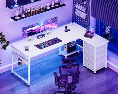 AODK 61" L Shaped Gaming Desk with 4 Drawers and Power Outlets, White - color: White, size: 61 Inch