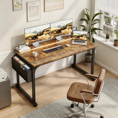 DurayLoly 48" Computer Desk with Waterproof LED Lights for Bedroom,Brown - color: Rustic Brown, size: 48 IN