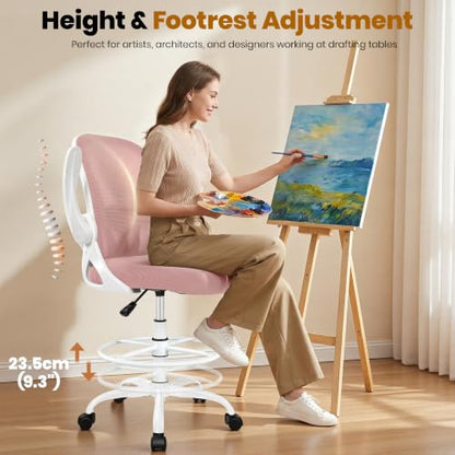 Primy Drafting Chair Tall Office Chair with Flip-up Armrests Executive Ergonomic Computer Standing Desk Chair with Lumbar Support and Adjustable Footrest Ring (Rose Quartz) - color: Rose Quartz, size: 934-Z