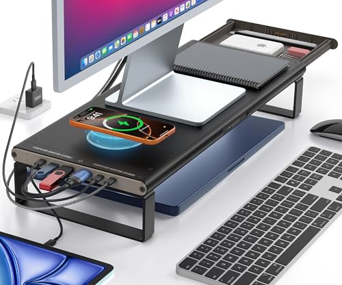 YICOSUN Monitor Stand HUB - Aluminum Riser with 6-in-1 Docking Station: 4K HDMI, USB-C, USB 3.0, PD 100W, Wireless Charging, Drawer Organizer - Black