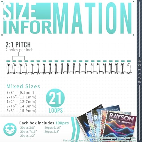 Rayson Wire Binding Spines, 2:1 Pitch, 21-Loop Black, Mixed Sizes, 100 Pack | Includes 3/8", 7/16", 1/2", 9/16" and 5/8" sizes; black 2:1 pitch wires for compatible wire binders. - size: Multi-Size 3/8", 7/16", 1/2", 9/16", 5/8"