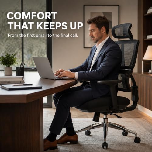SUNLINE Elevate Office Chair - Ergonomic & Adjustable Lumbar Support System with Aluminum Base - 4D Curved Mesh Headrest & 3D Armrest Chair, Tilt Control - color: Black - Back Support