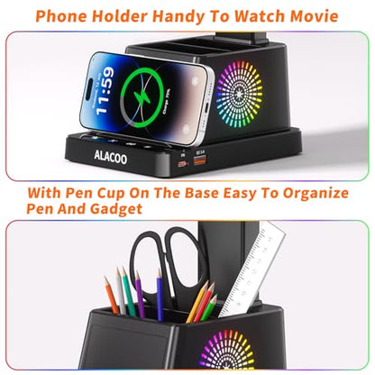 Study Desk Lamp for Office Home, Eye-Caring Desk Light with USB Port & RGB Phone Holder, 3 Color×4 Brightness, Adjustable Arm, Touch-Control Lamp for Kids/Reading (Black)