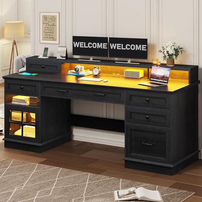 BTHFST 59.1" Executive Desk with File Drawer, Charging Station, Black - color: Black