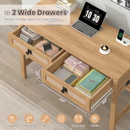 YOMILUVE Rattan Computer Desk with 2 Drawers, 39 Inch Small Desk with Power Outlets, Farmhouse Boho Vanity Desks, Compact Writing Study Table for Small Spaces, Oak - color: Oak