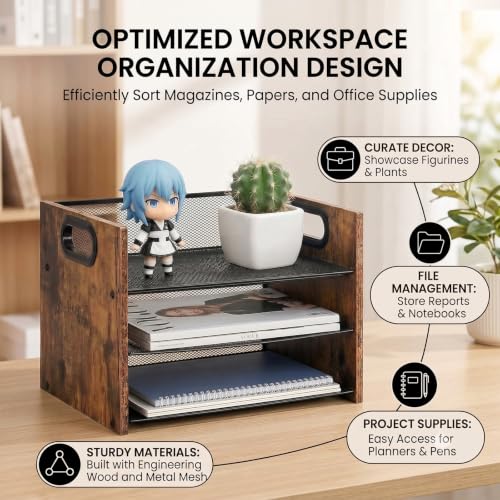 Desk Organizer - 3 Tier Wood & Metal Mesh Desktop Organizer for Office, Home, School, Workspace, Office Desk Organzier for Papers, Mail, Notebooks, Stationery - size: 3 Tier