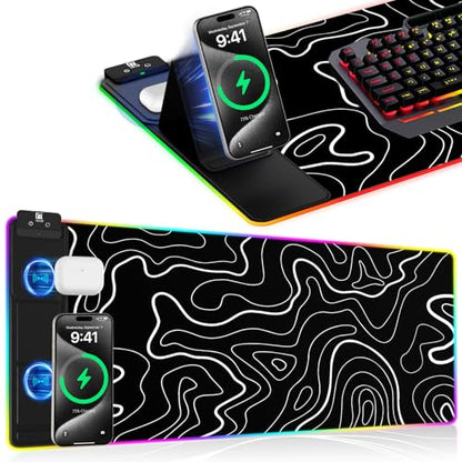 XXL Mouse Pad with Phone Holder - Black, RGB Desk Mat with 15W Fast Charging, LED Gaming Mousepad with 11 Light Colors, Waterproof Non-Slip Pad for Office & Home (Topographic) - color: Topographic
