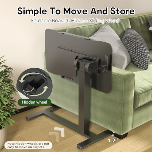 180° Tilt Foldable Standing Desk 32" Bedside Table on Wheels | Pneumatic Height Adjustable Rolling Laptop Desk with 4 Hidden or Lockable Casters, Portable Overbed Table for Sofa Bed, Black - color: Black