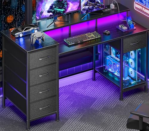 Korfile 47 Inch Gaming Computer Desk with Power Outlets,LED,5 Drawers,Black - color: Black, size: 47 Inch
