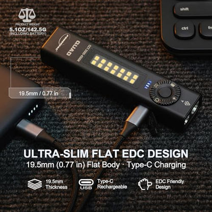 PowerTac Quad 2000 Lumen Flashlight, 4-in-1 Flat Design | USB-C Rechargeable, Multi-Light EDC Light - color: Black