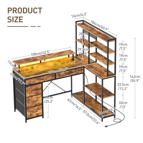 L Shaped Computer Desk with Drawers, 53'' Gaming Desk with Storage Shelves, Corner Computer Desk with Power Outlets & LED Light, Home Office Desk with Monitor Stand and Pegboard, Rustic Brown