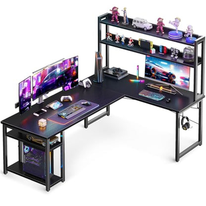 ODK L Shaped Gaming Desk with Hutch, Computer Desk with Storage Shelves, 66" L Shaped Desk for Home Office, Corner Desk with Headphone Hook, Black - size: 66 Inch