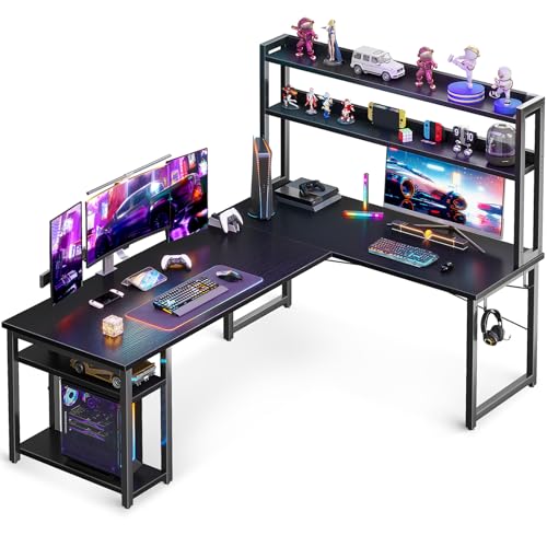ODK L Shaped Gaming Desk with Hutch, Computer Desk with Storage Shelves, 66" L Shaped Desk for Home Office, Corner Desk with Headphone Hook, Black - size: 66 Inch