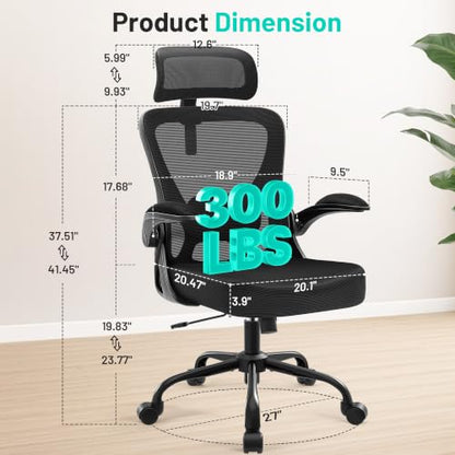 AreShark Office Chair - Ergonomic Desk Chair Breathable Mesh Chair with 2D Headrest & Adjustable Lumbar Support - Executive High Back Rolling Swivel Computer Gaming Chair with Wheels Flip-up Armrests - color: Black/Black