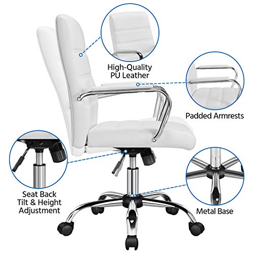Yaheetech White Office Chair PU Leather Swivel Rocking Desk Seat with Arms | Foam-padded channel-stitched PU leather back supports desk hours; chrome frame rocks, adjusts in height, rolls on casters. - color: White