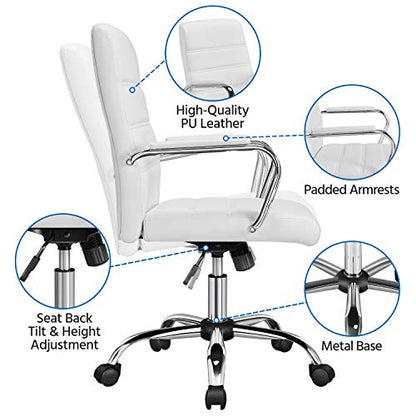 Yaheetech White Office Chair PU Leather Swivel Rocking Desk Seat with Arms | Foam-padded channel-stitched PU leather back supports desk hours; chrome frame rocks, adjusts in height, rolls on casters. - color: White