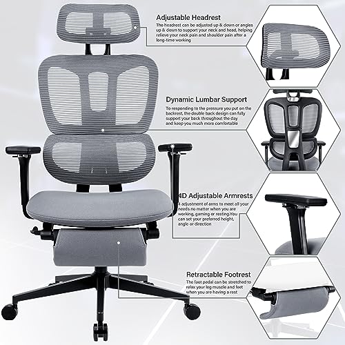 Ergonomic Mesh Office Chair with Retractable Footrest - High Back Computer Chair, Lumbar Support, Adjustable Armrest and Headrest, Durable Base - Multifunctional Home Office Desk Chair for Adults - color: Dark Grey