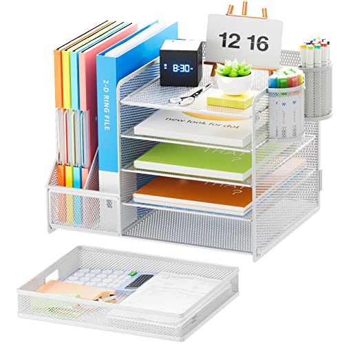 Marbrasse Desk Organiser with File Holder, 5-Tier Paper Letter Tray Organiser with Drawer and 2 Pen Holder, Mesh Desktop Organizer and Storage with Magazine Holder for Office Supplies(White) - color: White