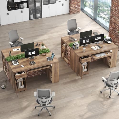 HSH 55" Computer Desk,Farmhouse Home Office Desk Keyboard Tray Rustic Oak | Executive Wood Work Study Writing Pc Table Studio Desks with Storage Drawers Wooden Workstation with Shelves and Cabinet - color: Rustic Oak