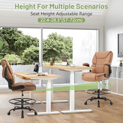 500LBS Drafting Chair, High Back Safer Standing Desk Chair, Executive Tall Office Chair with Flip-up Armrests, Upholstered PU Leather Task Chair, Ergonomic Seat with Adjustable Height&Foot Ring, Brown - color: Brown