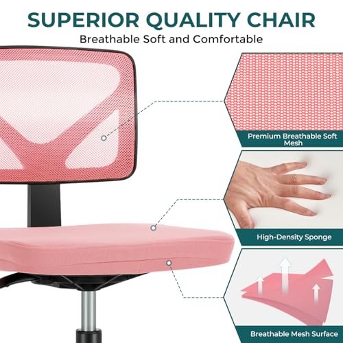 DUMOS Armless Desk Chairs, Small Home Office Mesh Chairs | Ergonomic Adjustable Mid Back, Swivel Rolling Task, Computer Work Vanity Small Spaces, Pink - color: Hot Pink, size: 1pc