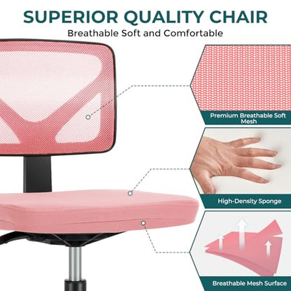 DUMOS Armless Desk Chairs, Small Home Office Mesh Chairs | Ergonomic Adjustable Mid Back, Swivel Rolling Task, Computer Work Vanity Small Spaces, Pink - color: Hot Pink, size: 1pc