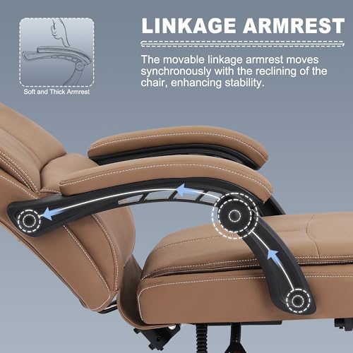 Misolant Big and Tall Office Chair with Footrest, High Back Desk Chair with Linkage Armrest, 90-155° Recline Executive Computer Chairs with Adjustable Height for Home - color: Brown