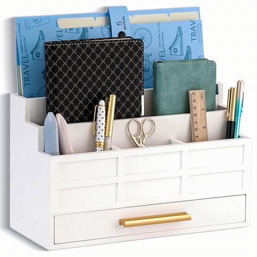 dreampossible white Wood Desk Organizer and Accessories with Drawer, Bill Mail Organizer and File Mail Holder for Office Supplies, Rustic Desk Accessories & Workspace Organizers for Desk Organization - color: White B