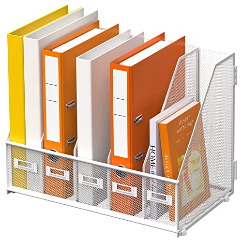 DALTACK 5-Slot Magazine File Holder, Metal Binder Holder, White | Iron Mesh Construction, Labeled Sections for Easy Sorting, Anti-Slip Feet, Binder and Folder Storage for Office, Classroom - color: White, size: 5Rack-Plus