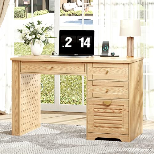 Ieejdn 47" Home Office Desks, Executive Desk, Farmhouse Computer Desk with Drawers and Charging Station, File Drawer, Storage Cabinet, Rustic Computer Writing Desk,Antique Natural - color: Natural, size: 47.24"