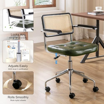 Zesthouse Leather Office Desk Chair with Wheels, Mid Century Rolling Desk Chair with Wood Arm & Natural Rattan Back, Modern Swivel Home Office Chair, Small Height Adjustable Computer Task Chair, Green - color: Green, size: Armrest