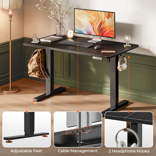 Huuger 48 x 28 Large Electric Standing Desk, Height Adjustable Desk, 27.6" Deep Desktop, Stand up Gaming, 2 Hooks, 3 Preset Heights, for Home Office, Black - color: Black, size: 48*28 inch (no outlets)